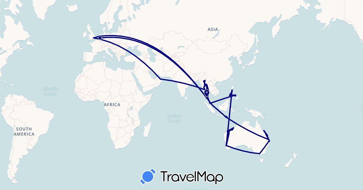 TravelMap itinerary: driving in Australia, United Kingdom, Indonesia, Myanmar (Burma), Malaysia, Netherlands, Oman, Philippines, Singapore, Thailand (Asia, Europe, Oceania)